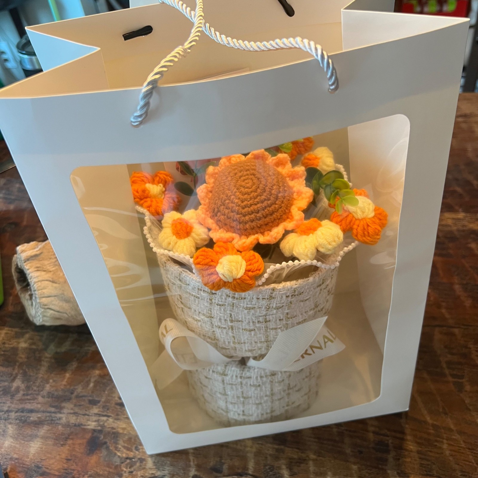 Crochet Flower Bouquet Gift With Orange & Yellow Blooms In Tweed Wrap & Gift Bag