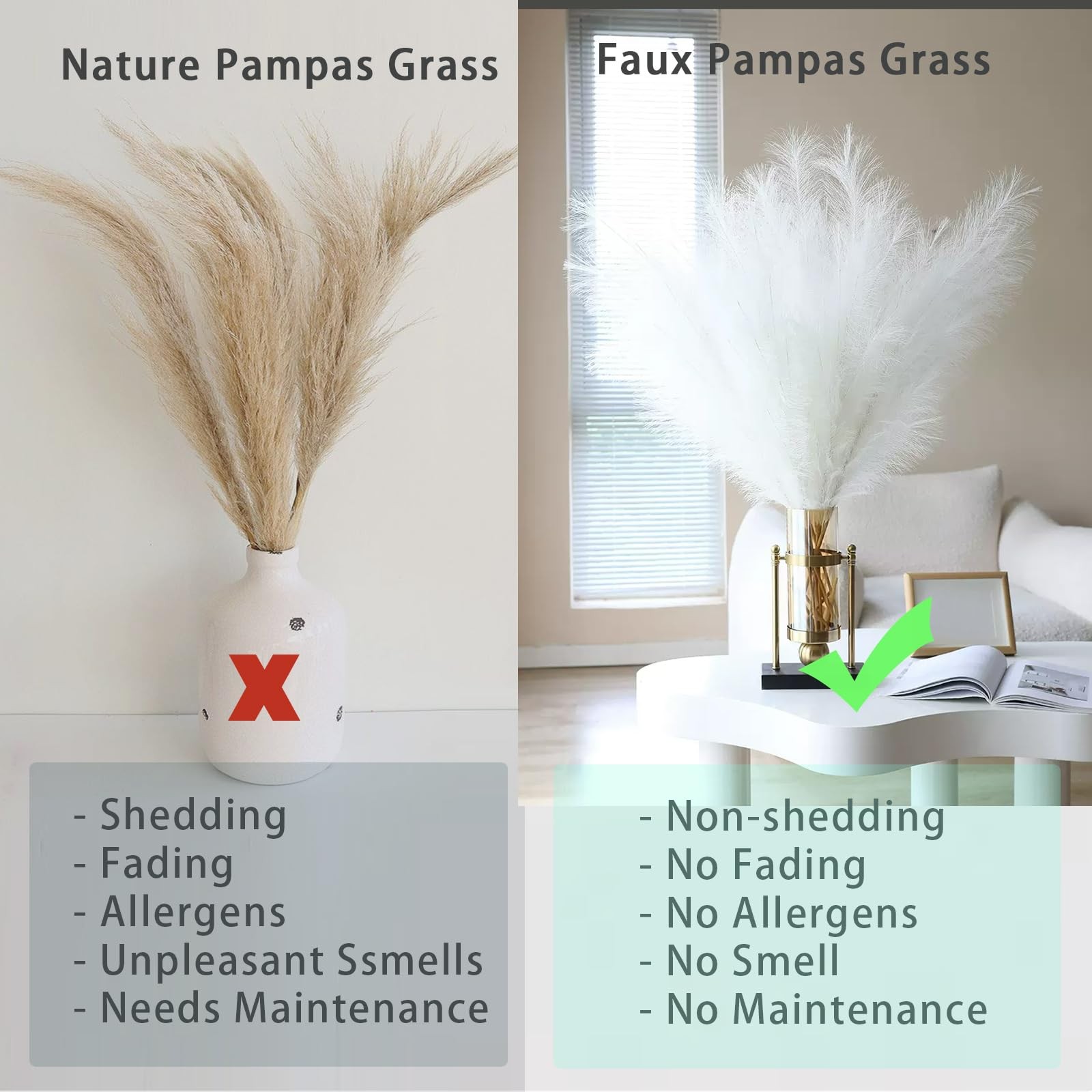 10 Stems White Pampas Grass Fluffy – 17.7″ Faux Pampas Grass Decor Small Fluf…