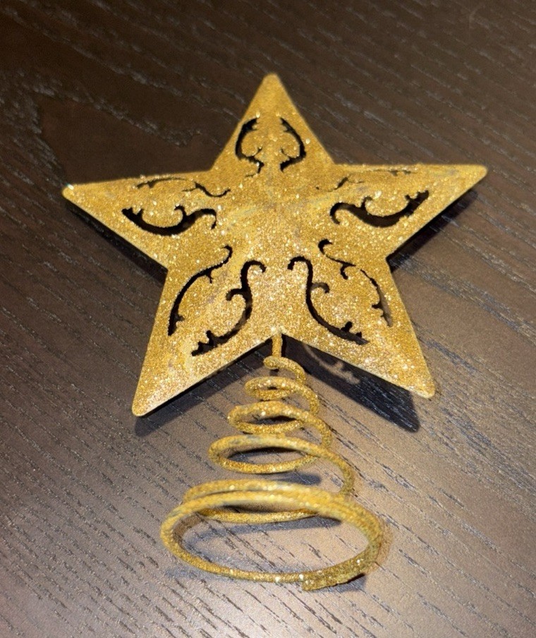 NEW Gold Glittery Metal Designed Mini Star Tree Topper 4.75×3.75”