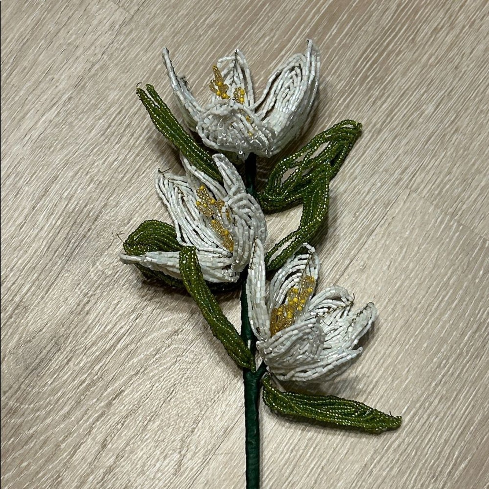 Handcrafted French White Glass Beaded Flower Stem Vintage Inspired Decorative