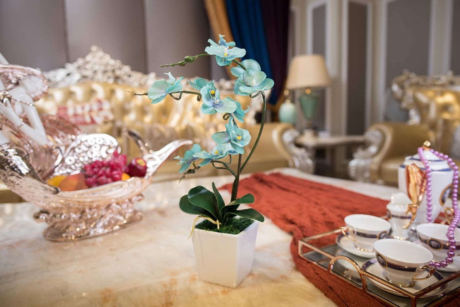 Artificial 15 Inch Tall Phalaenopsis Orchid Plant in Teal Silk Planter