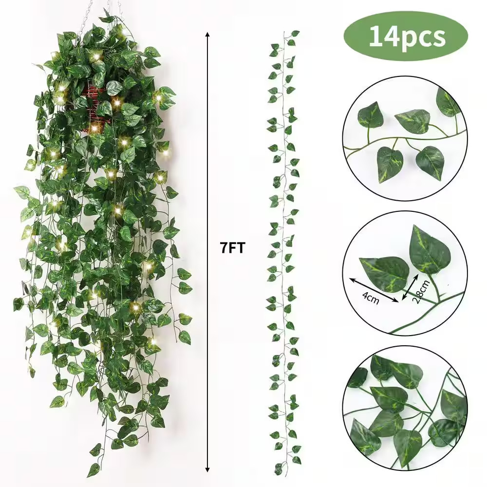 7.2 Ft. Artificial Ivy Garland with LED String Lights, Fake Vines Hanging Plants