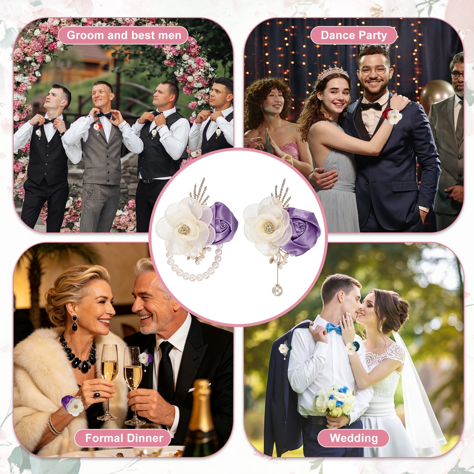 2 Sets Wrist Corsage and Boutonnieres Set for Wedding Groom Bride, Light Purple