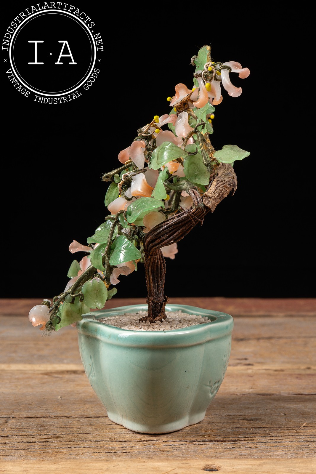 Vintage Jade and Peking Glass Blossoming Bonsai Table Ornament