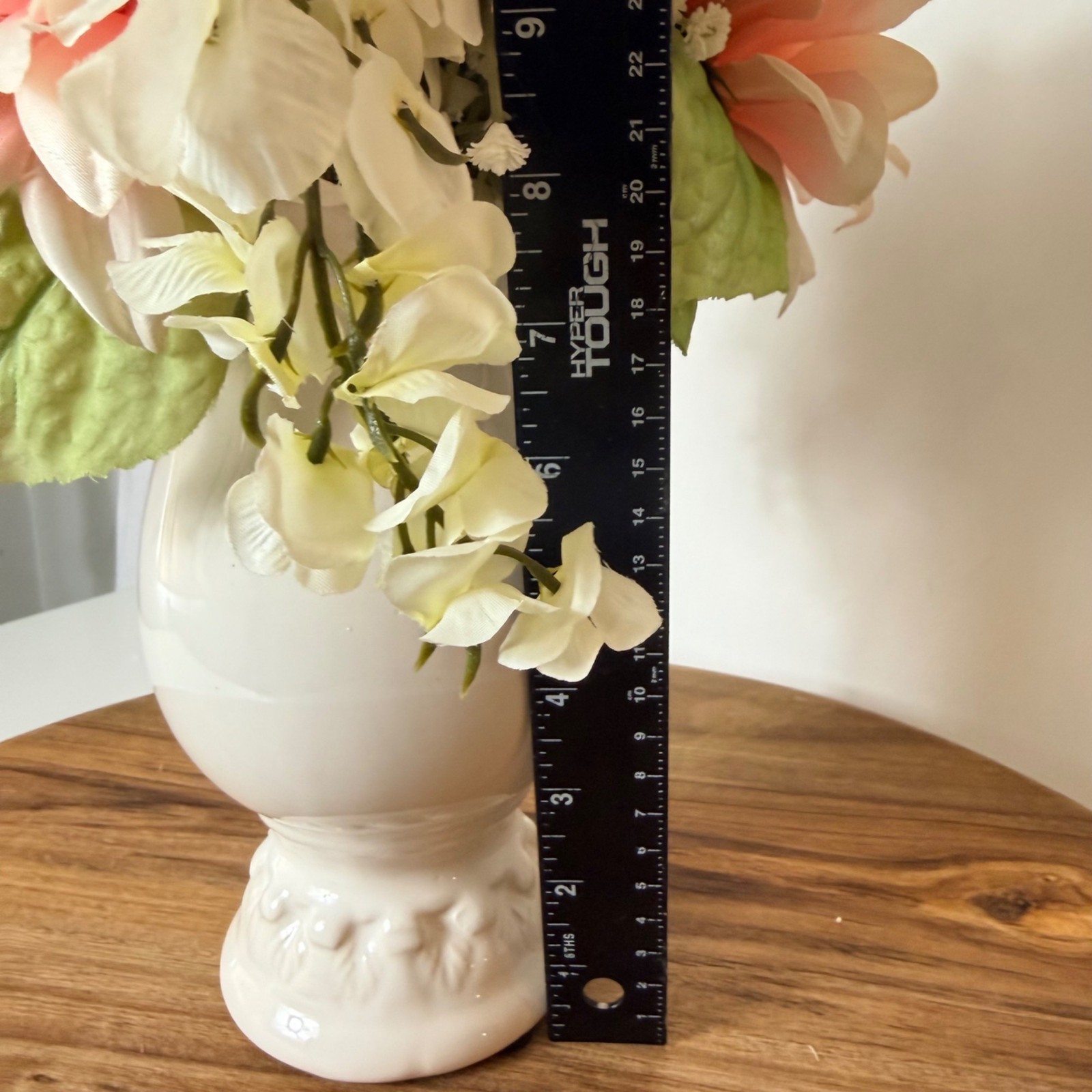 Vintage Faux Floral Arrangement White Ceramic Pedestal Vase Pink Peonies Decor