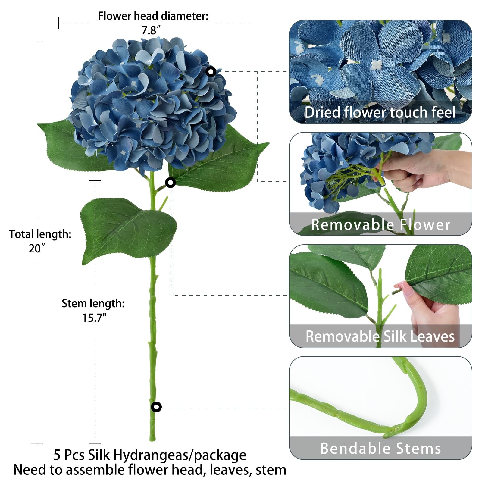 5 Pcs Dark Blue Silk Hydrangeas Artificial Flower Boho Dried Touch 20” Faux …