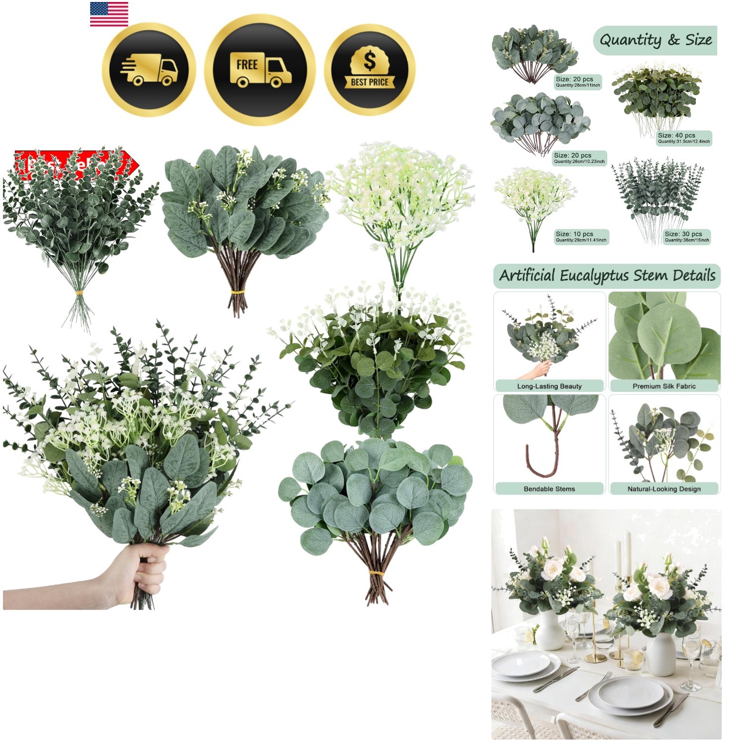 120 Pcs Eucalyptus Stems Artificial Flowers, 5 Kinds Mixed Faux Eucalyptus Le…