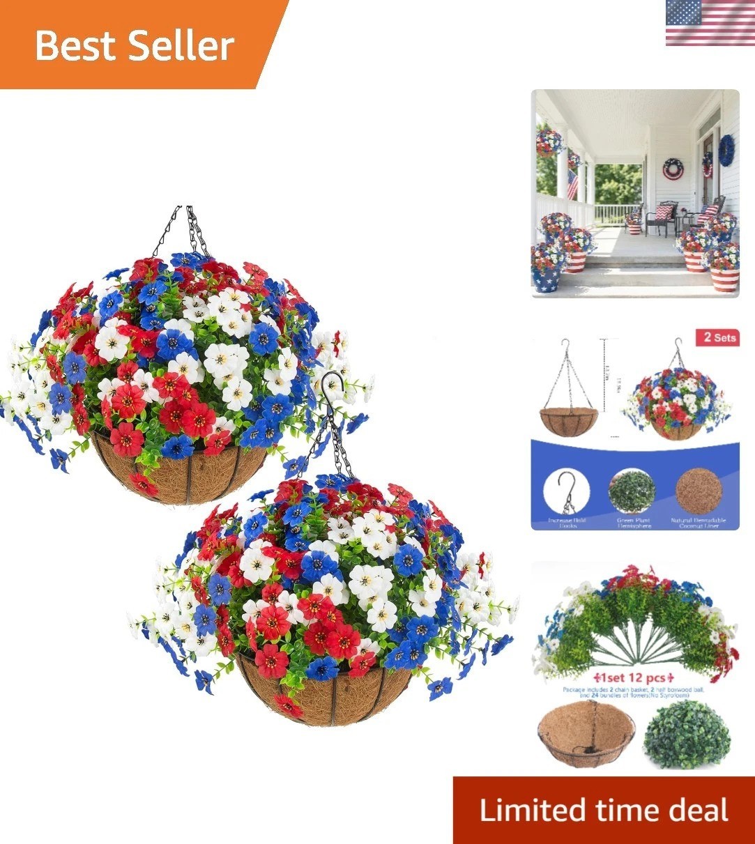 24 Vibrant Artificial Flowers in 2 Hanging Baskets for 4th of July Celebrations