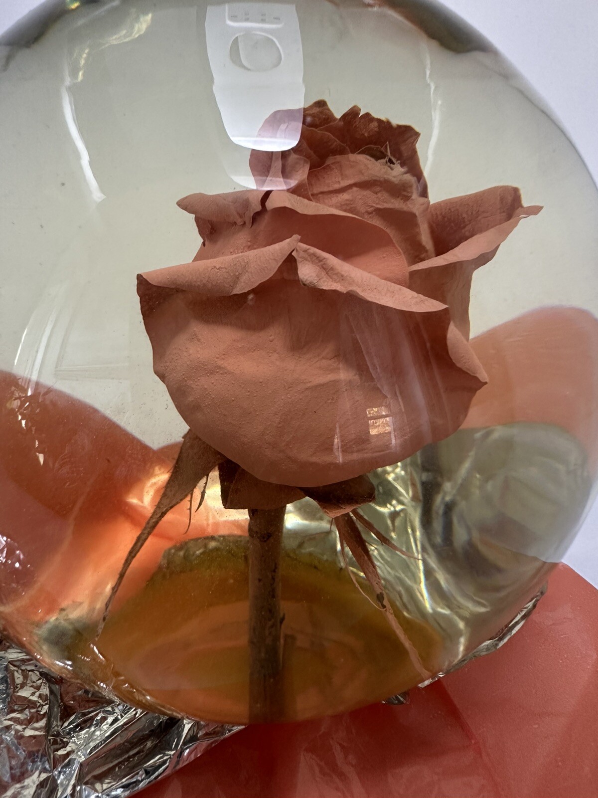 Vintage Suspended Rose Glass Bubble 6.5” tall by Mexiflower Orange Foil Netting