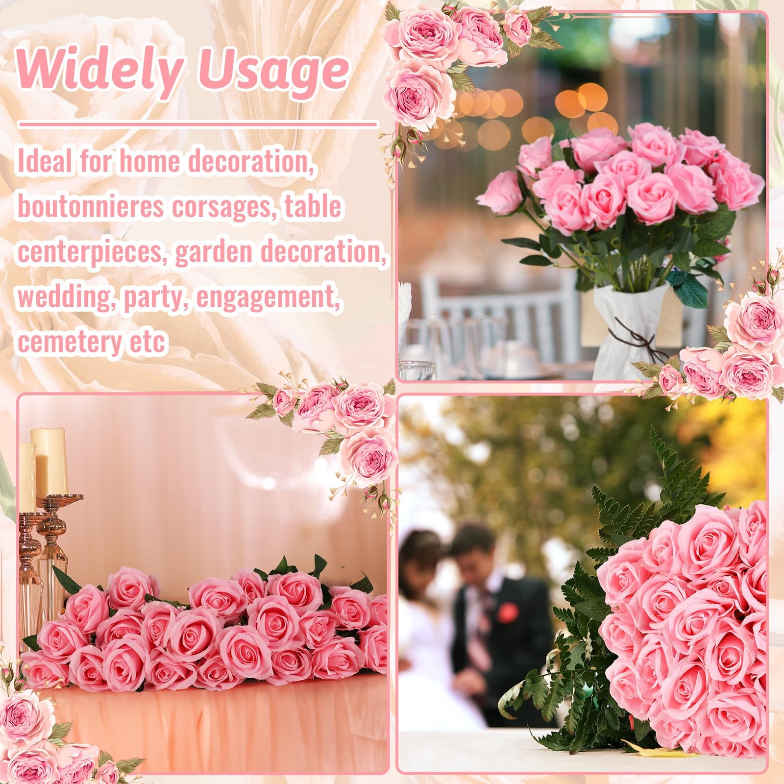 24 Pcs Pink Rose Artificial Flowers with Long Stem Real Touch Silk Plastic Bo…