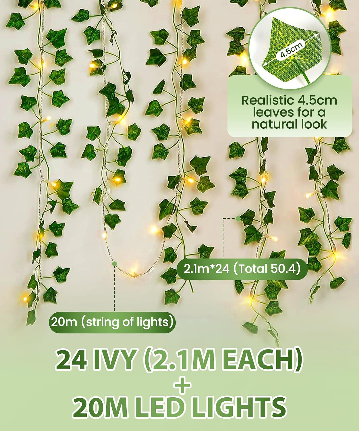 24Pack / Each 82 Inch, Artificial Ivy Garland Fake Plants with 160 LED String Li