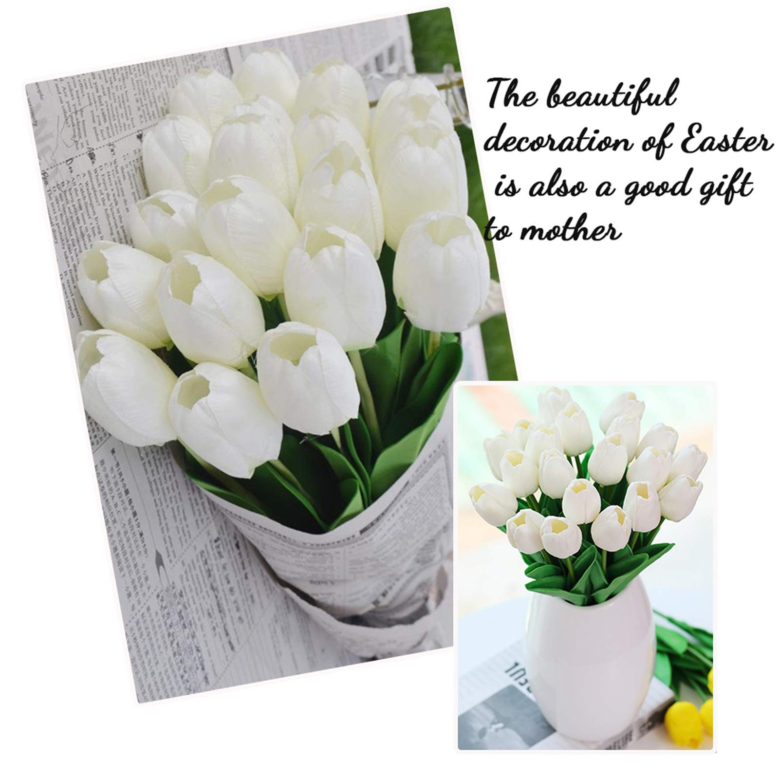 Artificial Flowers 30pcs 14″ Tall Faux Tulips, White PU Fake Tulips Flowers f…