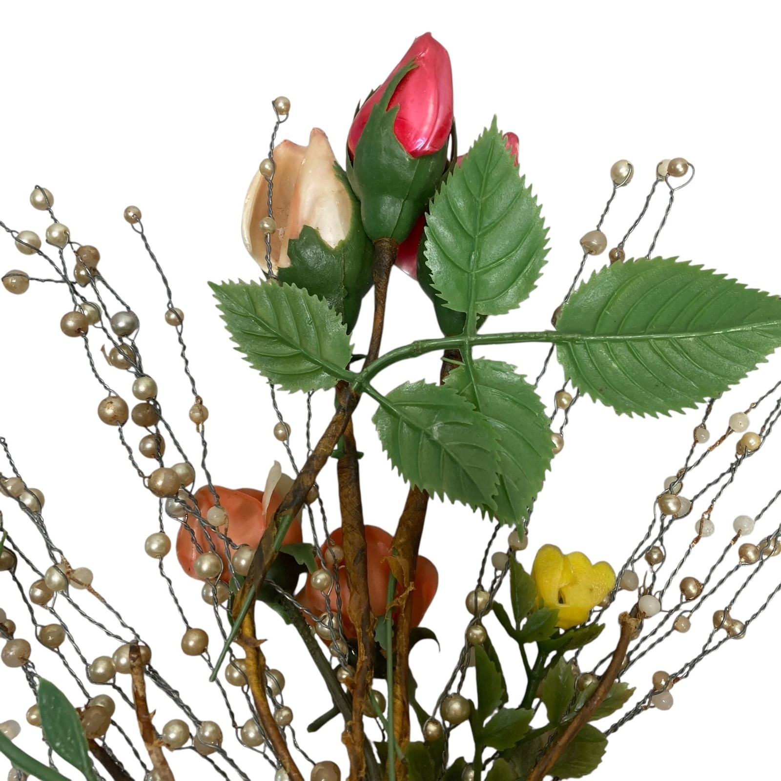 VTG Floral Arrangement Roses Pearl Beads Decorative Bouquet Display Handcrafted