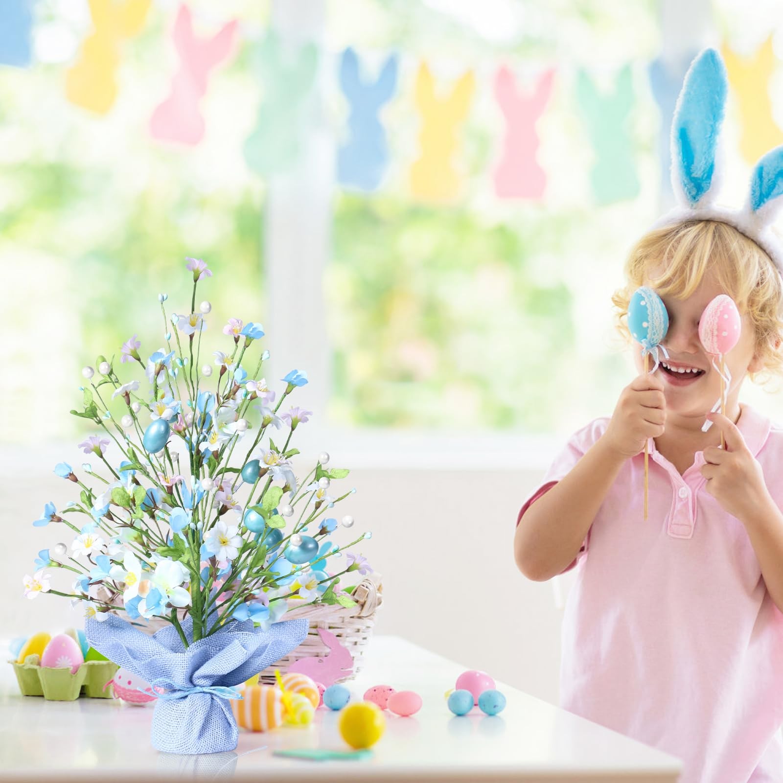 18 Inch Artificial Easter Blue Egg Flower Tree Tabletop Decorations Party