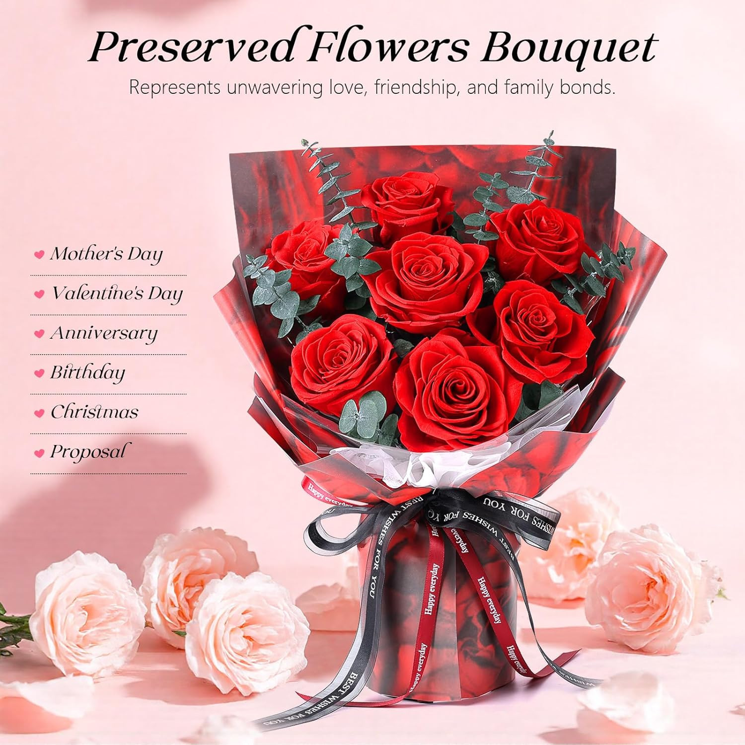 Preserved Flowers Bouquet 7 Roses – Red Real Rose & Flowers for Delivery, Eterna