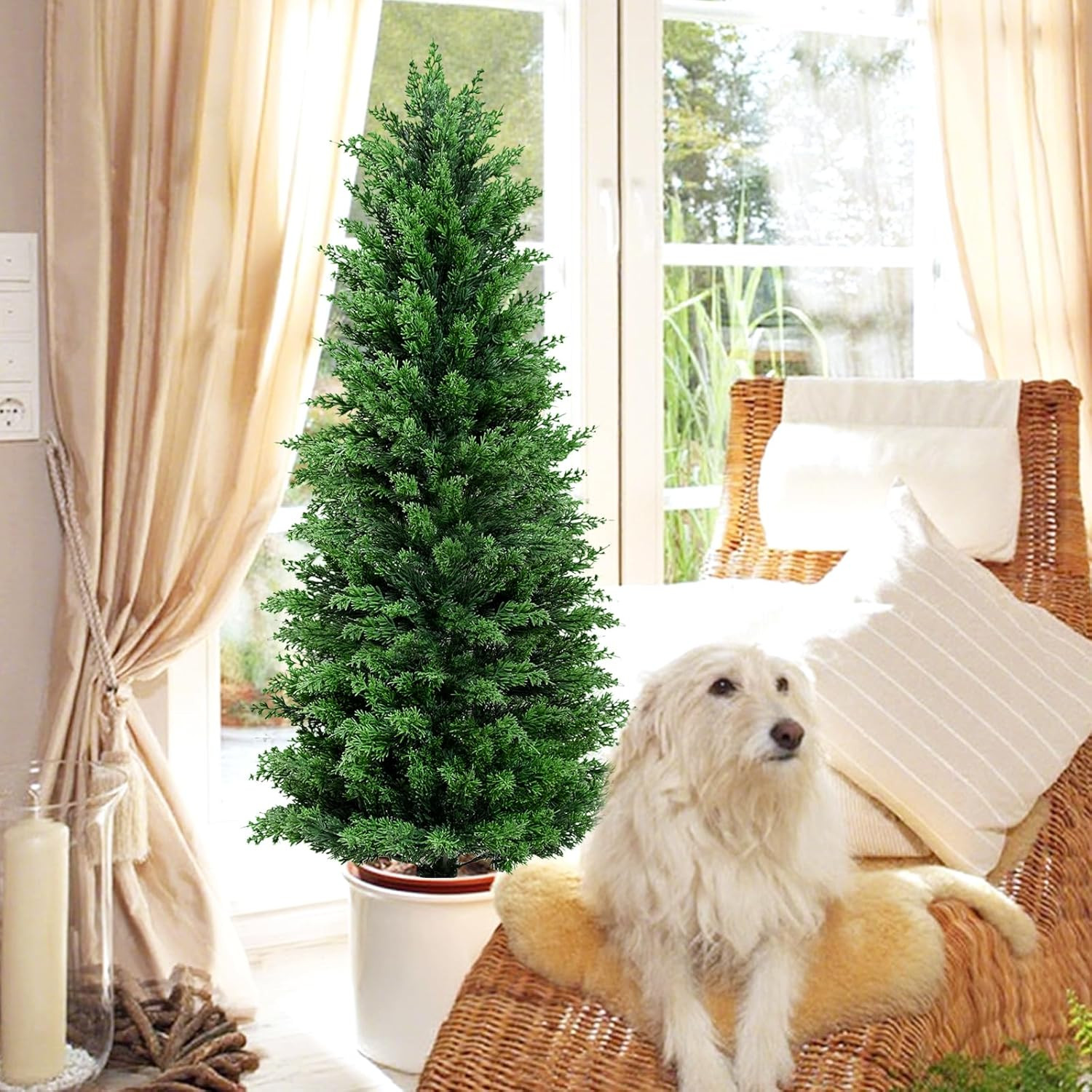 Artificial Cedar Topiary Trees Christmas Topiary Outdoor, 4Ft Fake Shrubs Potted