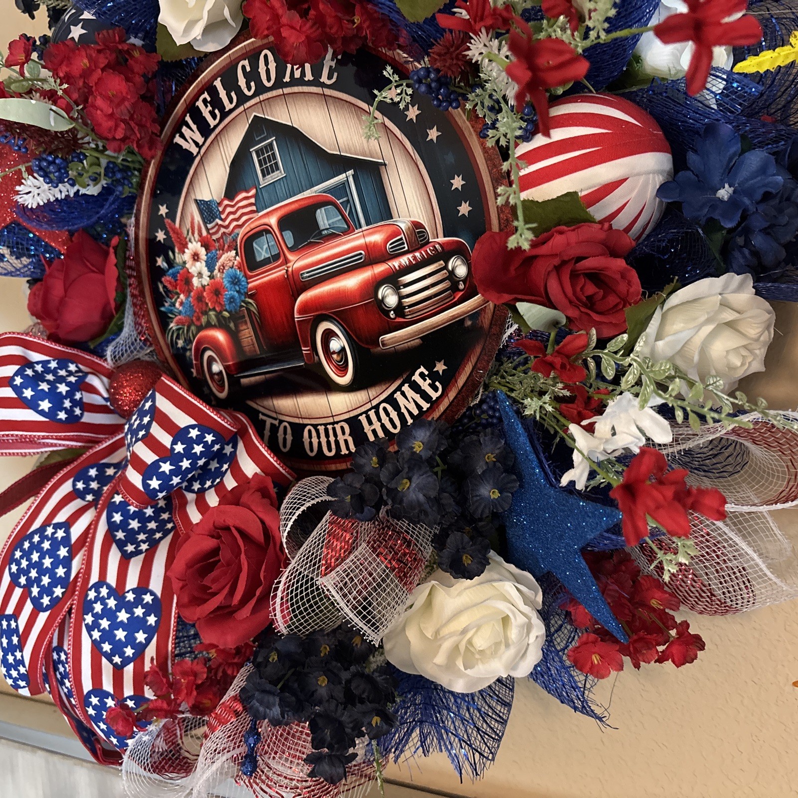 Patriotic Wreath 4th Of July Door Decor Red White Blue Truck Welcome To Our Home