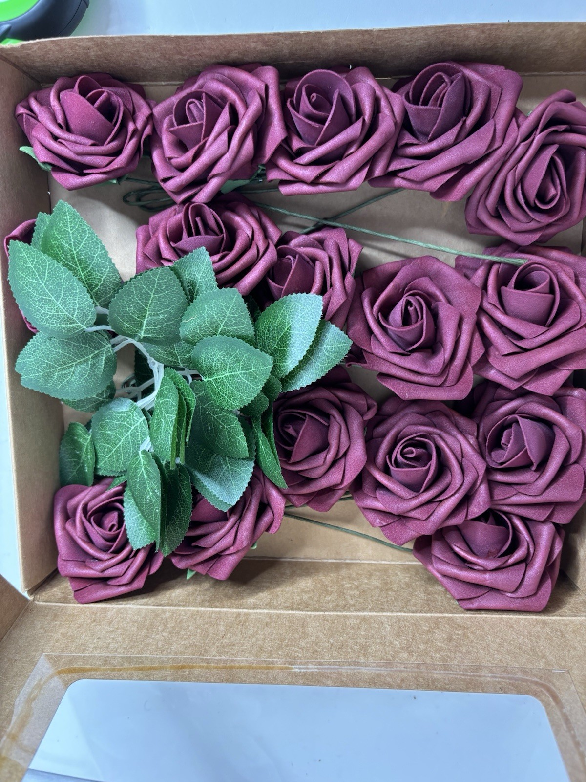 Artificial Flowers Real Look Burgundy Foam Roses 16 stems & 7 Greenery