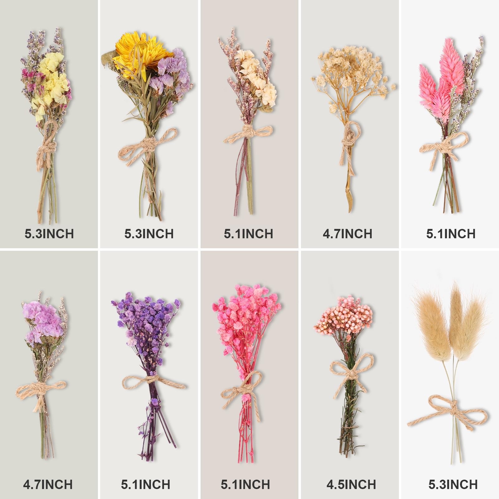 10 Pack Mini Dried Flower Bouquets with Stem, Natural Embossed Floral Bundles