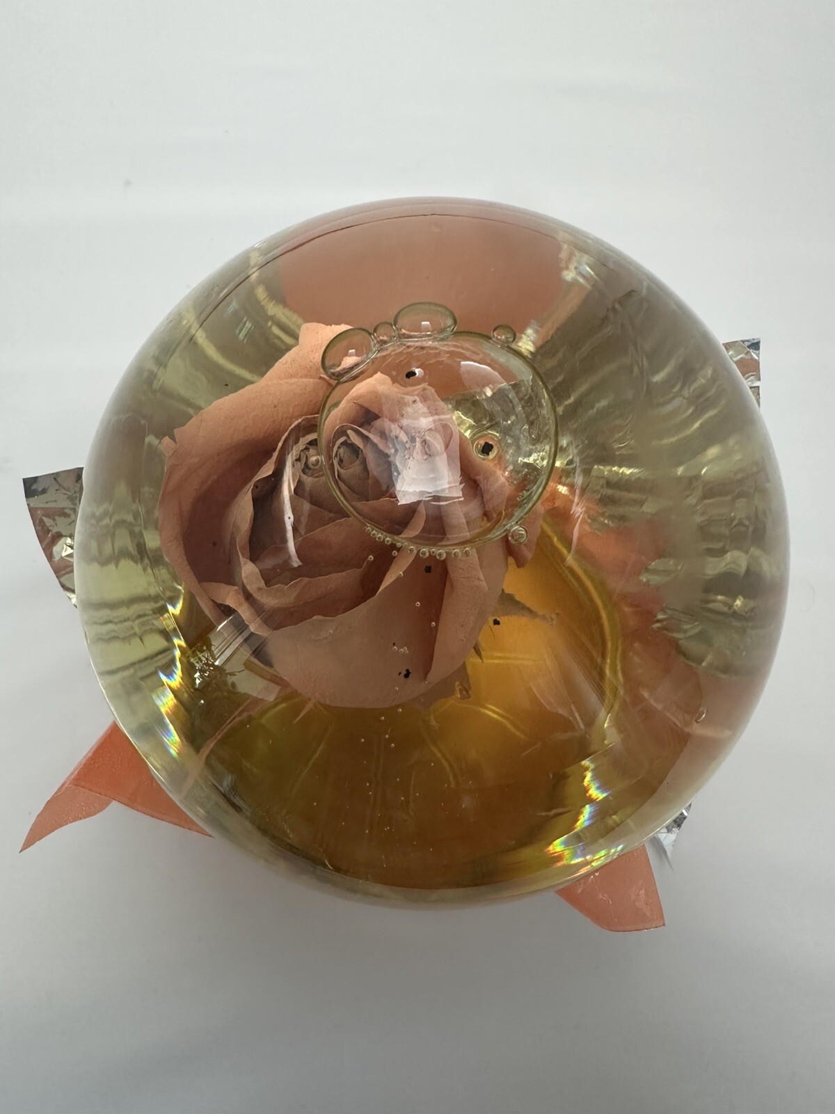 Vintage Suspended Rose Glass Bubble 6.5” tall by Mexiflower Orange Foil Netting