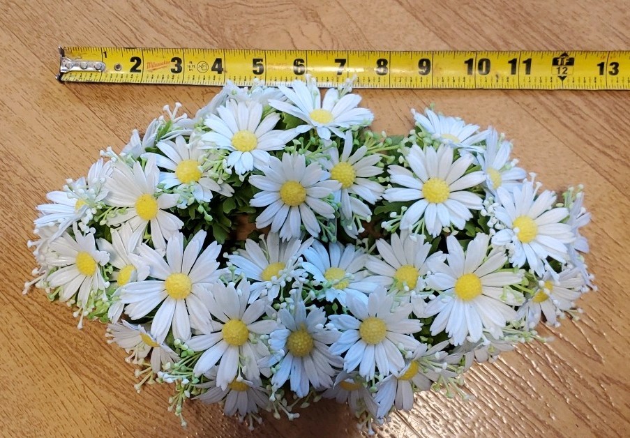 1970’s Faux Floral Centerpiece Taper Holder- White Daisies Plastic Flowers 12″