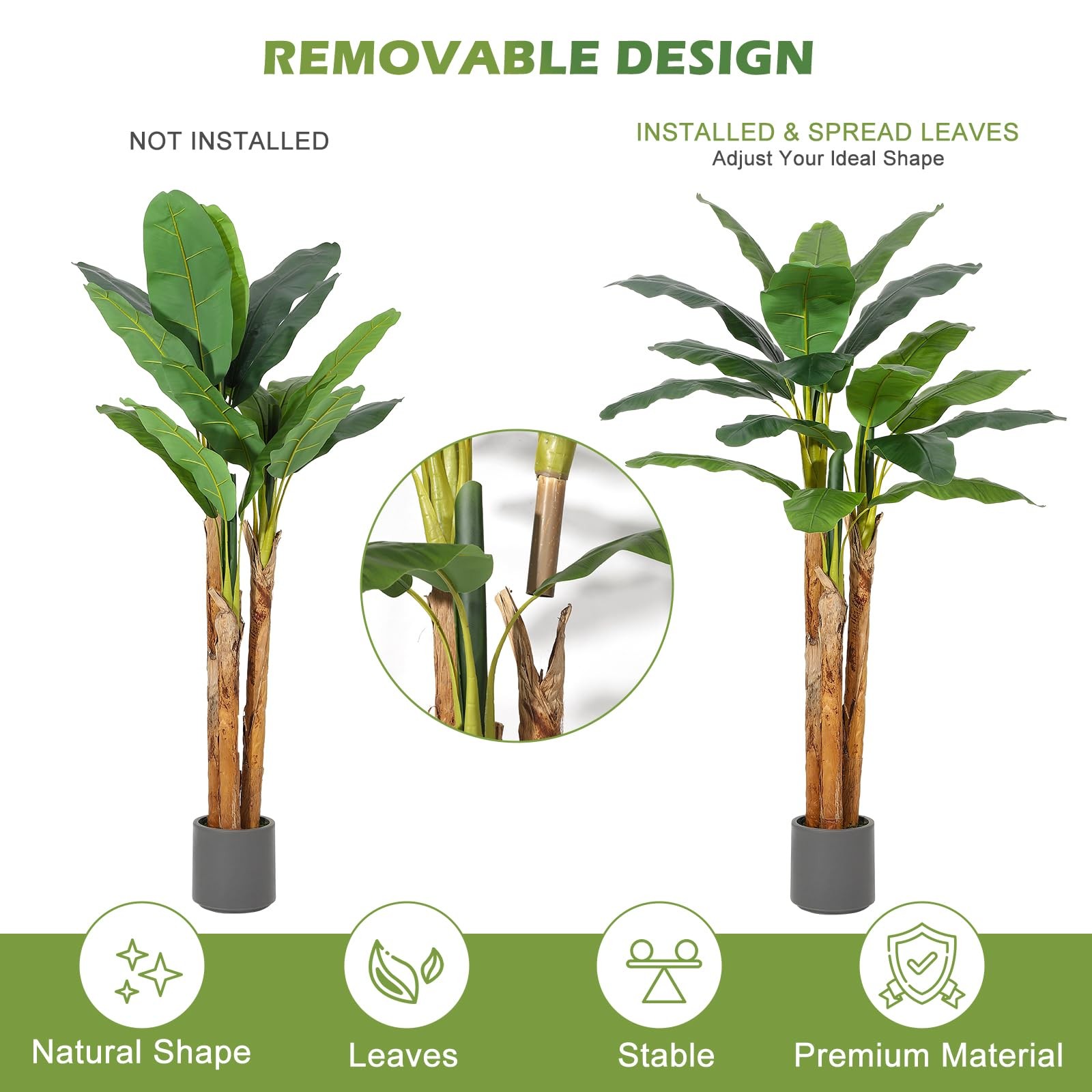 5FT Artificial Banana Tree with Grey Planter – 11 Faux Leaves for Home Office