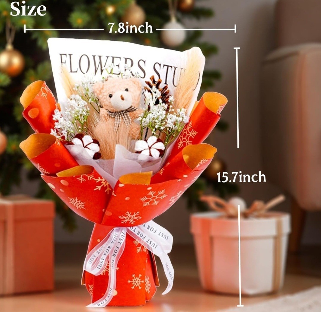 New! Flower Bouquet with Stuffed Bear, Flowers Gift, Exquisite Wrap & Bow