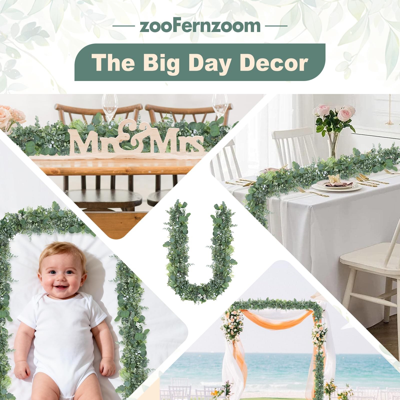 Eucalyptus Garland for Table, 6ft Faux Eucalyptus Garland with White Flowers …