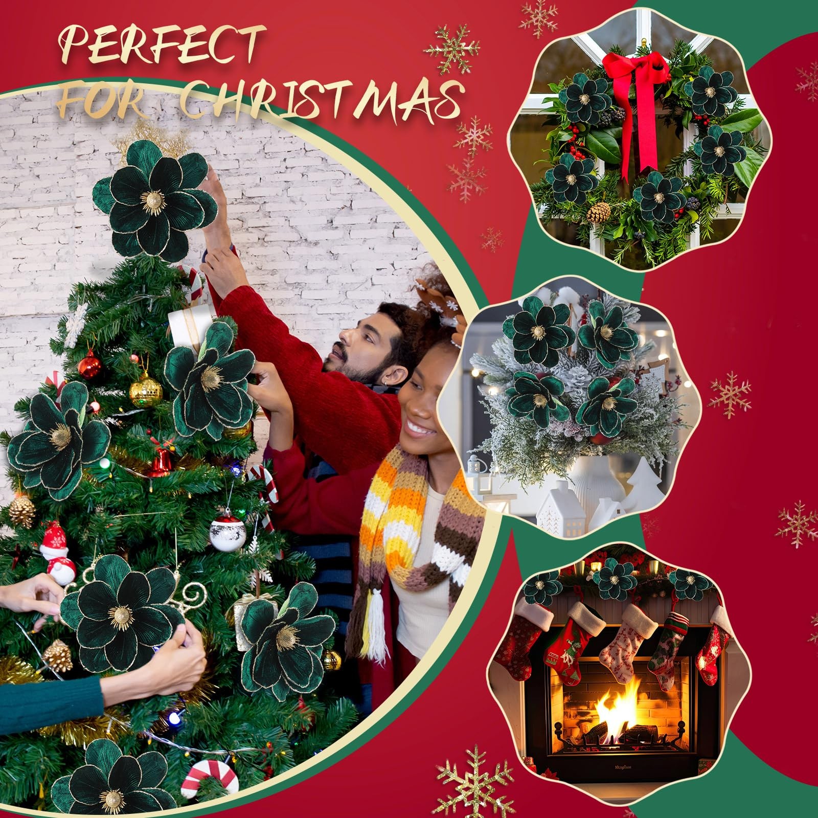 12 PCS Dark Green Large Velvet Christmas Poinsettia Magnolia Flowers Ornaments