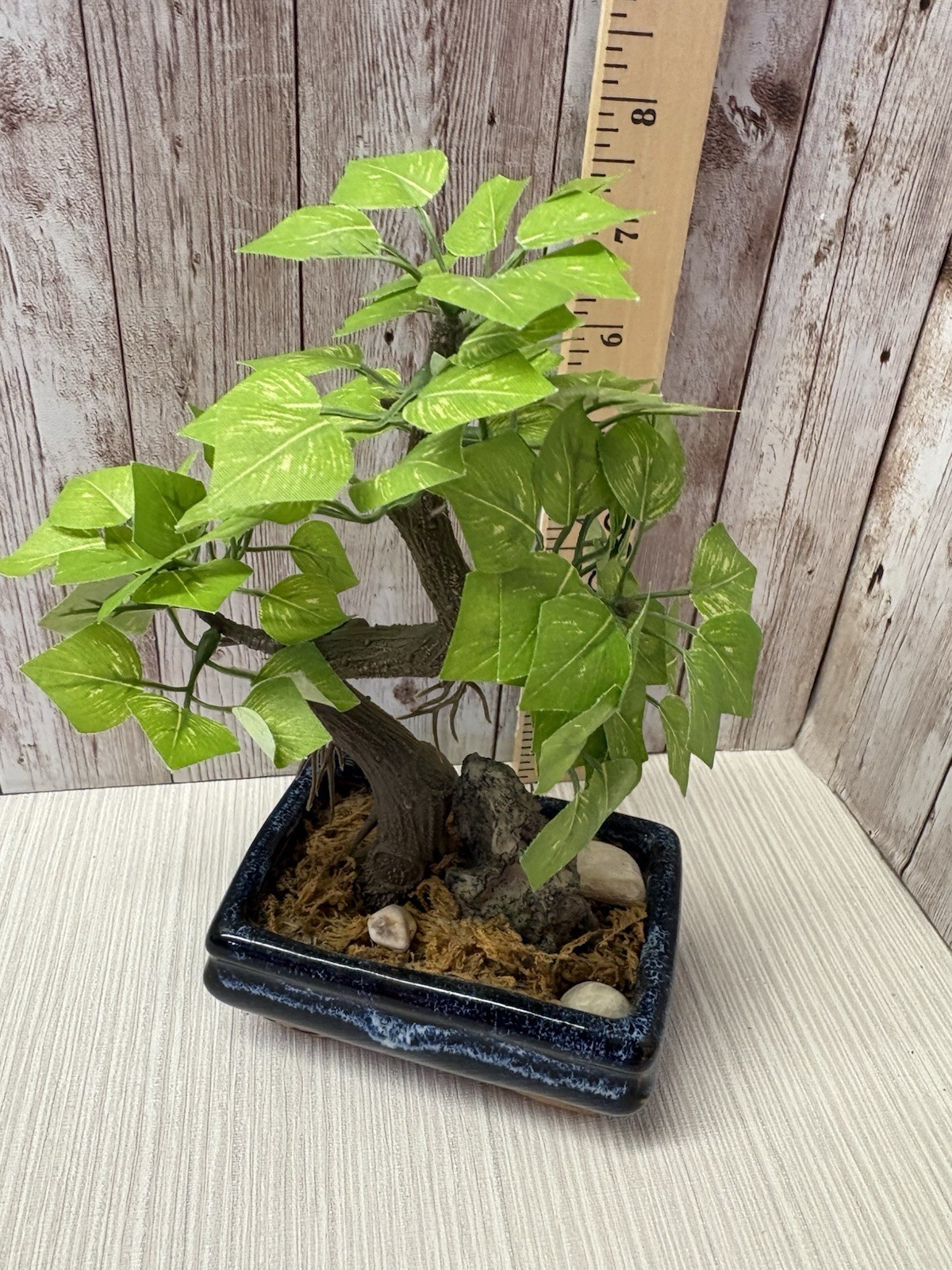 Artificial Bonsai Tree 8” Faux Plant In Vintage Blue 4×3 Pot FREE SHIPPING