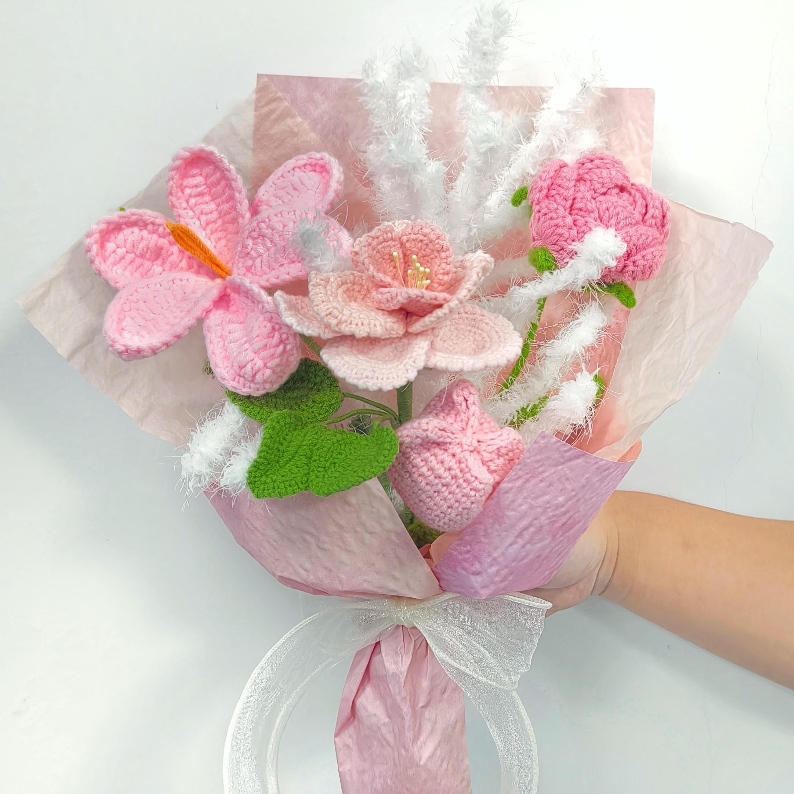 Crochet Flower Bouquet Romantic Pink Rose Tulip Gift Handmade Yarn Flowers