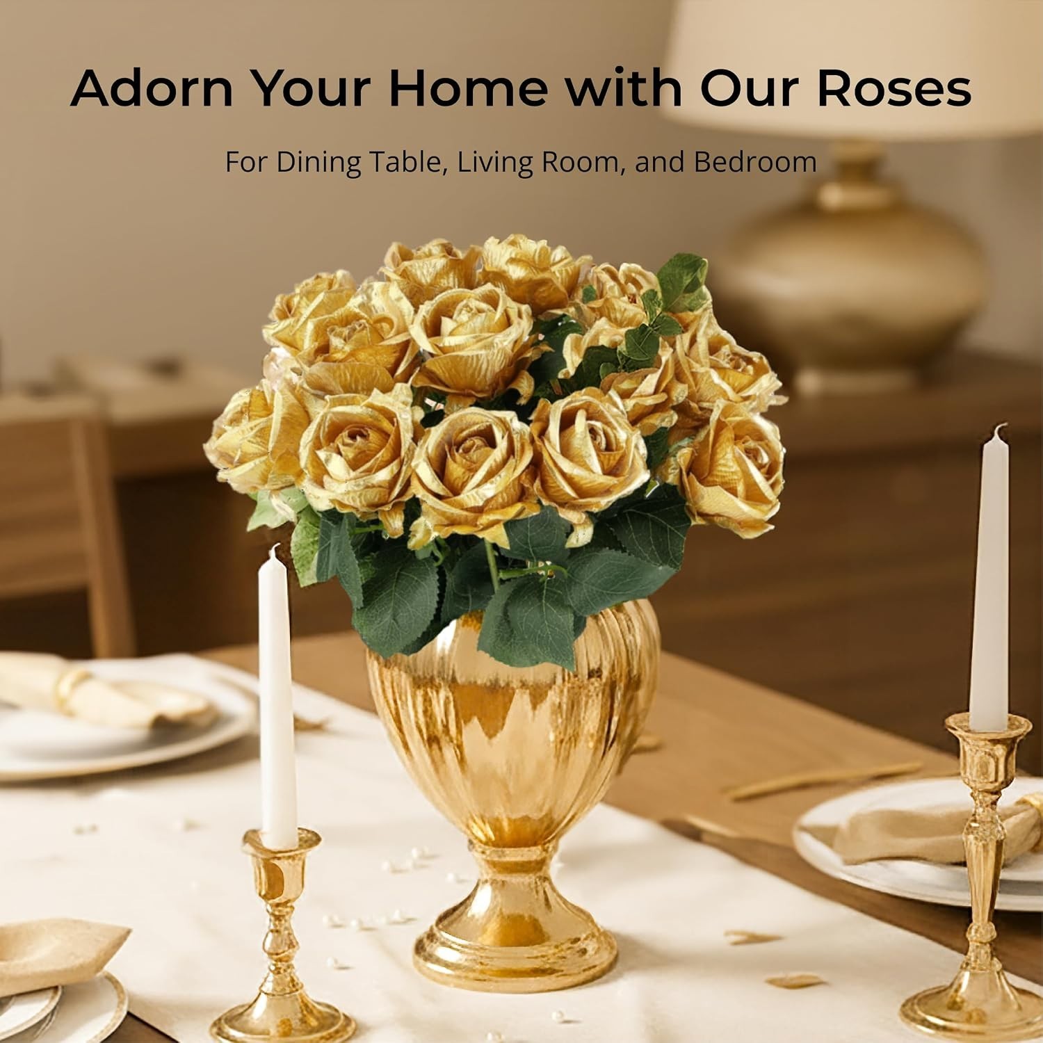 14PCS Gold Artificial Roses, Silk Rose Bouquet with Long Stems for Father’s D…