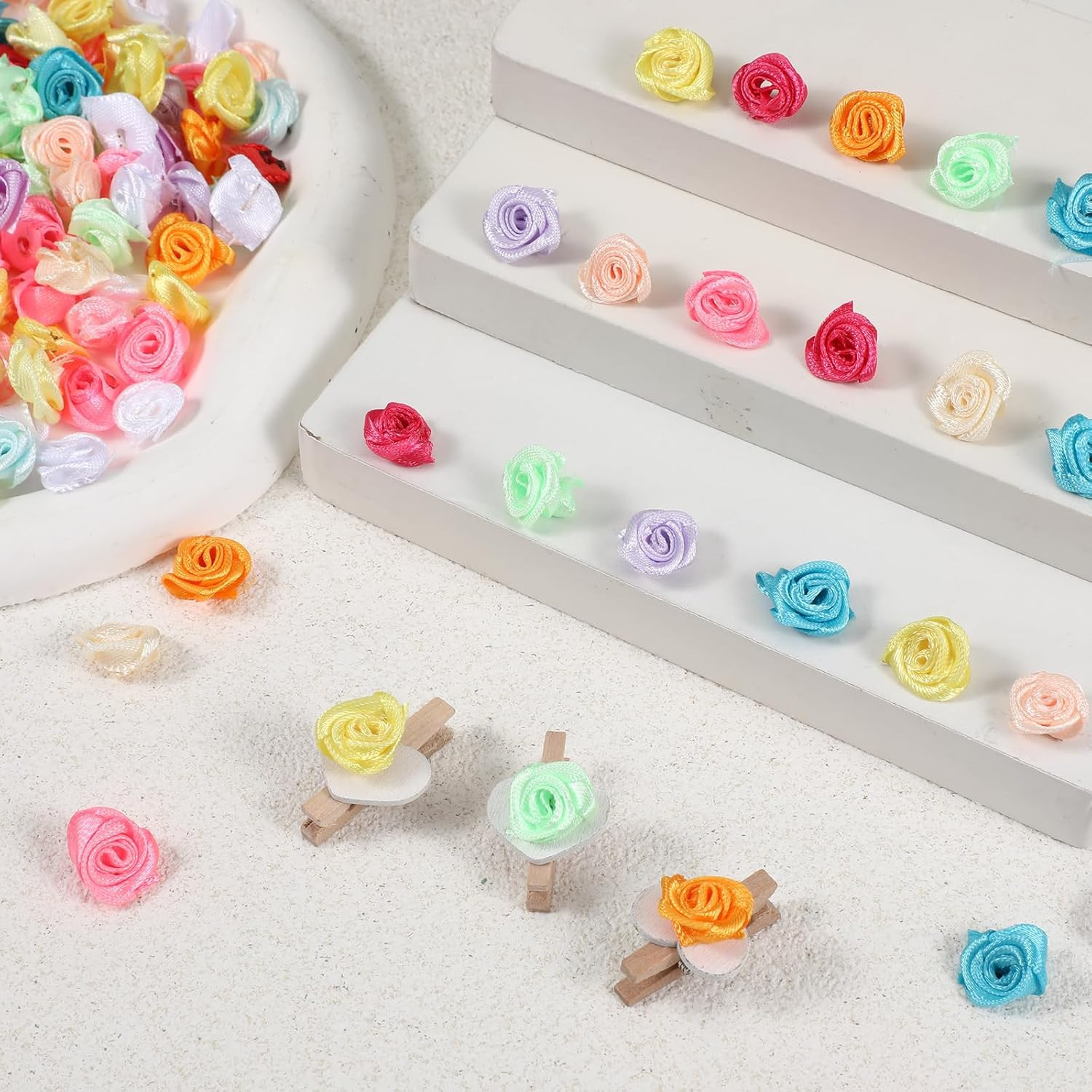 300 Pcs Mini Roses for Crafts, Satin Ribbon Roses, Multicolor Mini Rose Flowers,