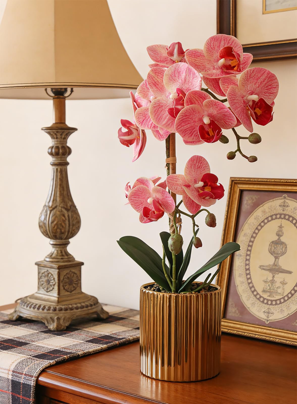 Pink Orchid Artificial Flowers Real Touch Indoor Orchid Plants with Gold Cera…