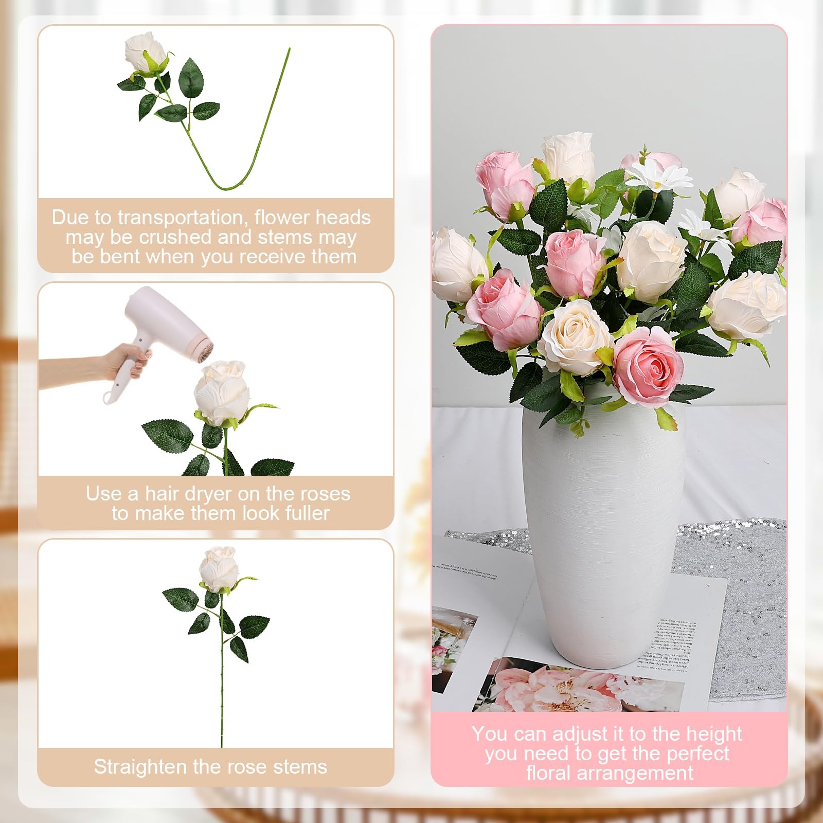 Artificial Roses 30 PCS Pink Silk Flowers 20″ Length 2.4″ Head – DIY Wedding