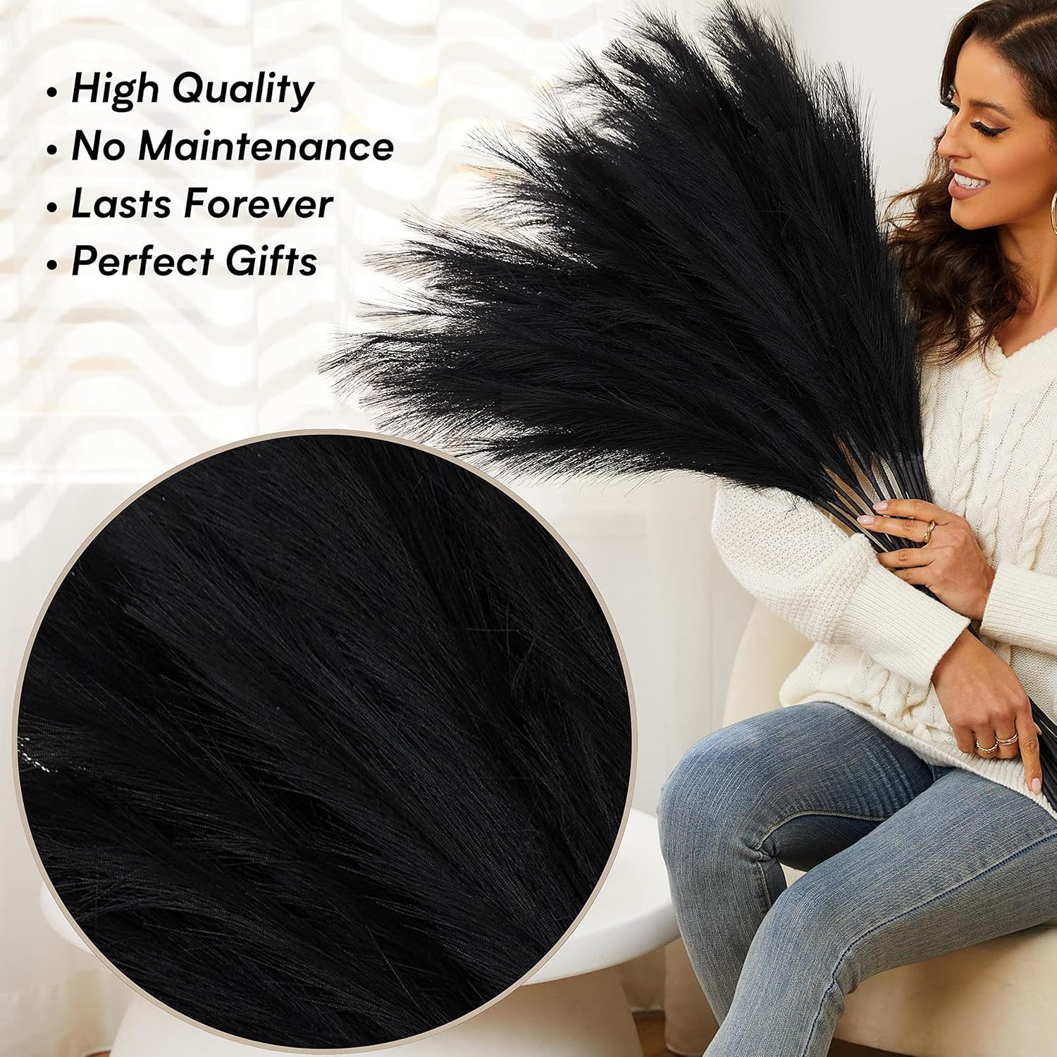 Black Pampas Grass, 9 PCS 37”/3.1FT Tall Fluffy Fake Pompas Floral, Large Artif