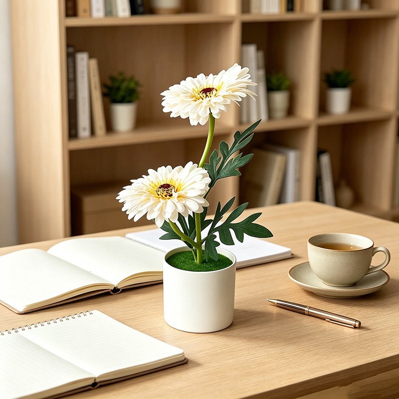 Gerbera Daisy Artificial Flower Arrangement in White Pot 10.6 inches for Space