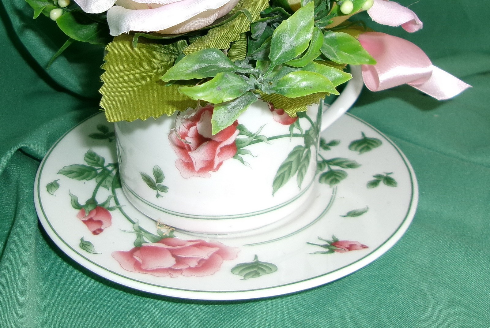 Floral Arrangement Vintage Cup Saucer Pink Silk Rose Home Decoration Accent New