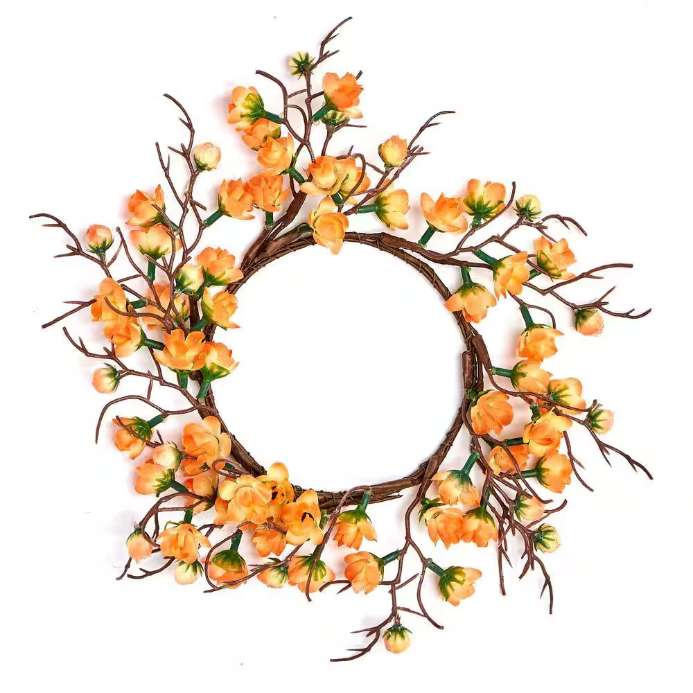 8 In. Peach Artificial Flower Buttercup Pillar Candle Ring (Set of 2)