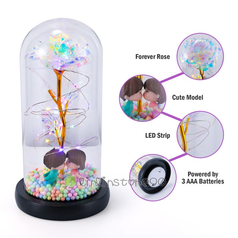 Beauty Rose Flower In Dome Glass LED Night Light Valentine’s Day Women Xmas Gift