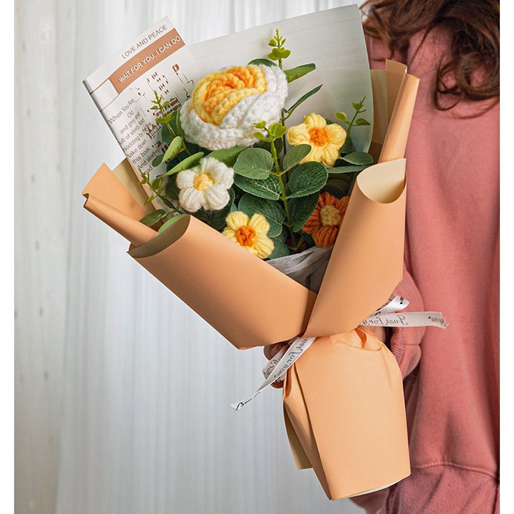 Rose Crochet Flowers Bouquet Knitted Flower Wrap with Light and Bag for Gift Hom