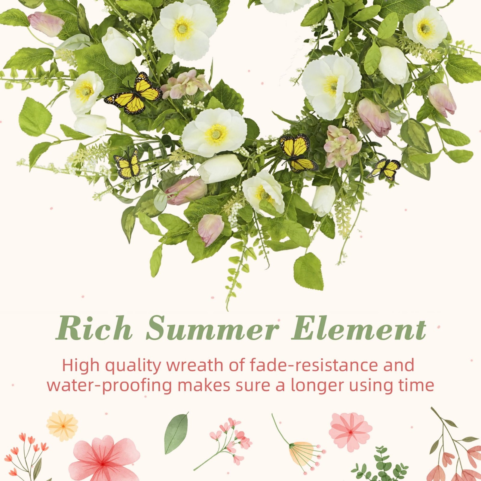 18″ Floral Wreath with Eucalyptus & Butterflies – Spring Summer Door Decor, Gree