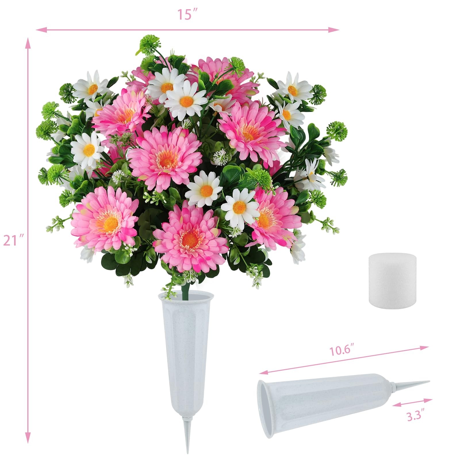 Artificial Cemetery Flowers for Grave with Vase, 24 Branches Daisy Fake Silk