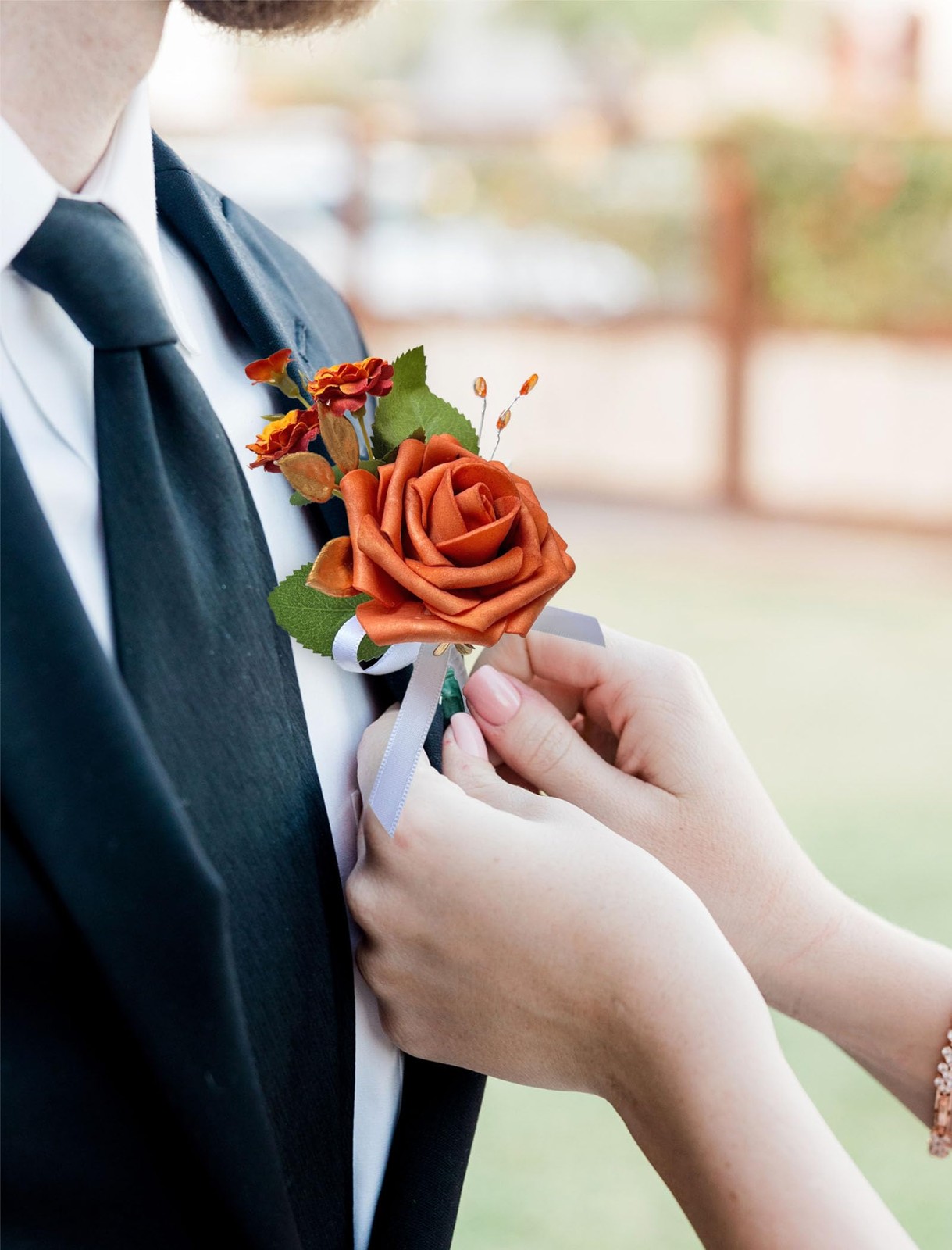 Burnt Orange Boutonniere for Men Wedding Set of 2,Groom and Best Man Boutonni…