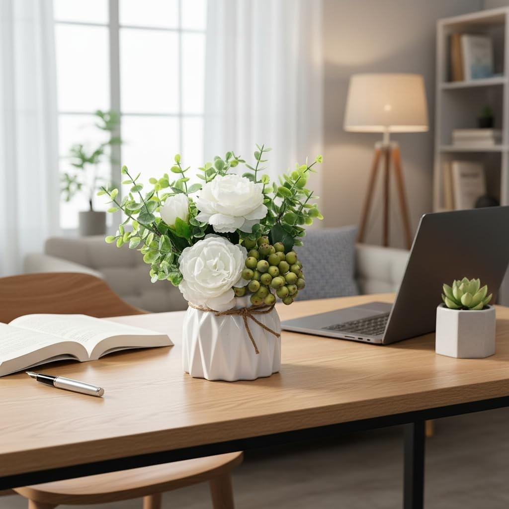 Elegant White Peony Floral Arrangement in Ceramic Vase – Low Maintenance Decor