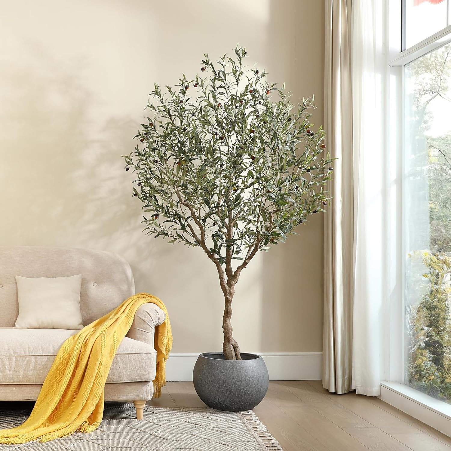 Olive Trees Artificial Indoor,7Ft Tall Fake Tree in Black Pot | Faux Olive Tree
