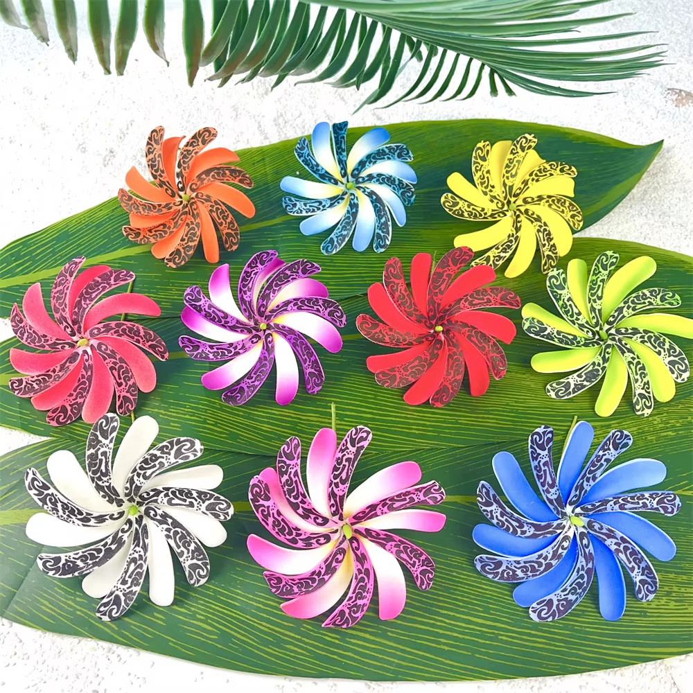 10pcs Tahitian Flowers With Green Core And Stem Hair Side Flower Hairstyle Pins