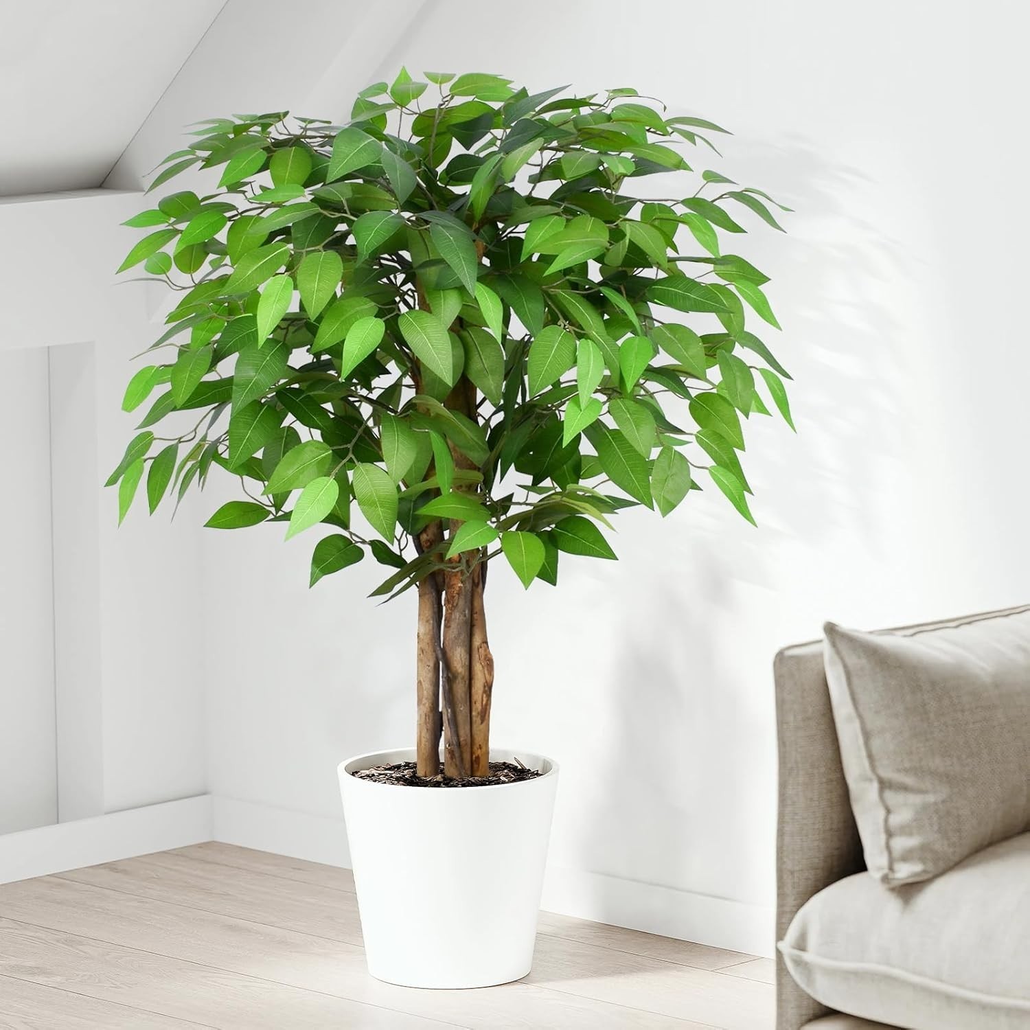 6.2ft Ficus Artificial Trees W/ 3 Natural Curved Trunks 74″ Tall Lush Faux Tree