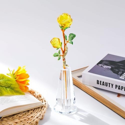 YWHL Handmade Yellow Rose Flower Crystal Figurine with Vase, Bouquet Glass Fl…