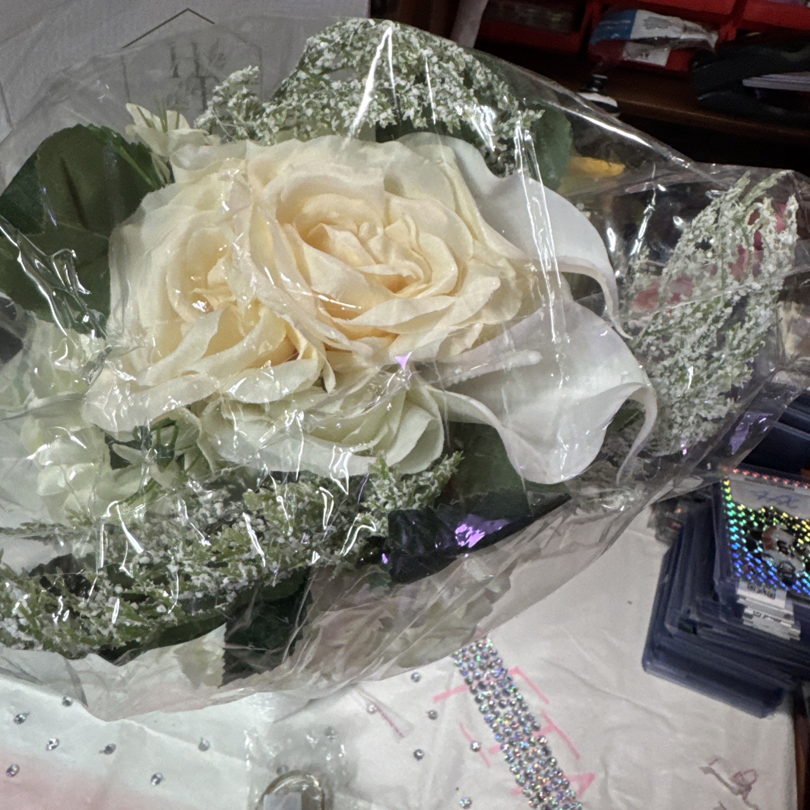 Artificial Rose And Hydrangea Bouquet With Clear Glass Case And Fairy Lights NIB